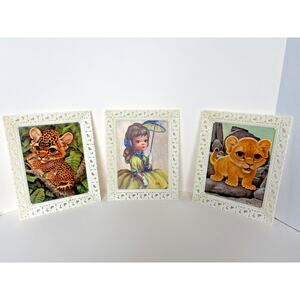 Set of 3 Maio & Guy Print Little Girl Big Eyes Green Parasol Lion Jaguar 8x9.5"